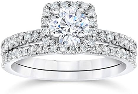 Pompeii3 10k White Gold 5/8Ct TW Round-Cut Natural Diamond Cushion Halo Engagement Ring With Matching Wedding Band Set Women's