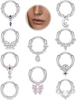 LOYALLOOK 10Pcs 16G Septum Clicker Rings Hoop Hinged Segment Nose Rings Teardrop Blue Planet Septum Rings Dangle Clear CZ Cartilage Tragus Hoop Helix Daith Earrings Nose Piercing Jewelry