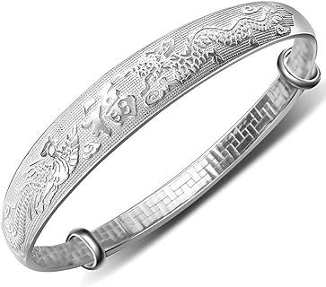 Exquisite Sterling Silver Dragon and Phoenix Adjustable Bangle Bracelet for Women, Ladies, and Elders | Chic Chinese Symbolic Design in Solid 999 Sterling Silver | Ideal Symbol of Love, Luck, and Commitment