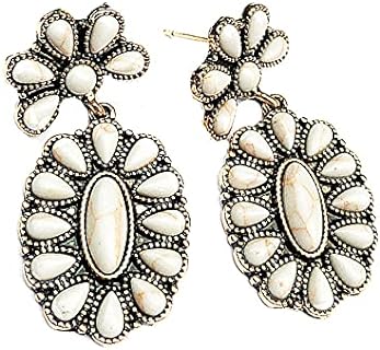 Vintage Boho Statement Drop Earrings Oval Imitate Turquoise Ethnic Charms Flower Dangle Earring for Women Girls Jewelry Gift