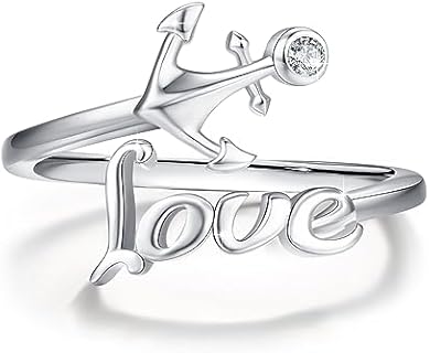 CUOKA MIRACLE Anchor Jewelry,Sterling Silver Anchor Rings Love Open Ring Adjustable Nautical Anchor Jewelry Ocean Ring for Women Wedding Promise Jewelry Birthday Gifts(#8)