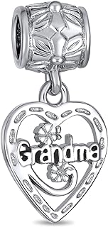 Silver Oxidized Nana Charm Bracelet with Dangle Bead and Crystal Accents for Grandmother - Rhodium-Plated Metal Heart-Shaped Puzzle Design