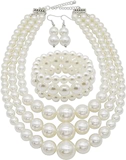Women's Elegant Faux Pearl Necklace and Earring Set with Lobster Clasp, Large Imitation Pearls - Vintage 1920s Gatsby Inspired Design