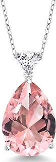 925 Sterling Silver Peach Nano Morganite and Zirconia chain Pendant Necklace for Women with Pear Shape Design and Spring Ring Clasp, 18 Inch Cable Chain