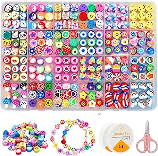 JOJANEAS Fruit and Flower Polymer Clay Bracelet Beads in Multicolor Acrylic with Crystal Strings for Kids, Butterfly/Candy/Flower Heart-shaped Designs