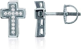 Sterling Silver Screw Back Black Cross Stud Earrings with Cubic Zirconia for Women | Elegant Rhodium Plated Silver Design