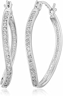 1/4 cttw Diamond Hoop Earrings .925 Sterling Silver with Rhodium Plating 1 Inch