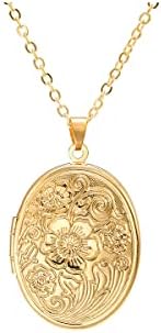 Heart Shaped Locket Pendant Necklace Vintage Engraved Flower Locket Picture Pendant Necklace Antique Carved Pattern Flower Picture Locket Necklace for Women Jewelry