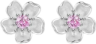 18K White Gold Plated Cherry Blossom Stud Earrings with Cubic Zirconia for Women, Push Back Design - Hypoallergenic Silver Jewelry Gift with Box