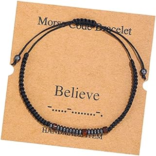 Inspirational Morse Code Wood Hematite Bead Woven Braded Rope Bracelet with Card for Men Women Unisex