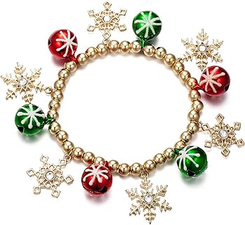 Bling Christmas White Snowflake Charm Beaded Bracelet Stretch Strand Elastic Glass Dangle Beads Bell Rings for Women Girls