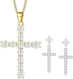 Orthodox Wedding Rings with Lobster Clasp - Carleen 925 Sterling Silver CZ Cubic Zirconia Cross Earrings & Crucifix Pendant Necklace Set for Women, Girls 