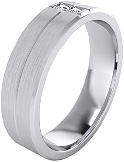 LANDA JEWEL Heavy Sterling Silver 6mm Unisex Wedding Band Simulated Diamonds Ring Comfort Fit Grooved Brushed Bevelled Edges