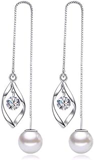 Elegant 925 Sterling Silver Threader Tassel Earrings Pearl Ball Drop Long Chain Earrings Wedding for Women and Girls