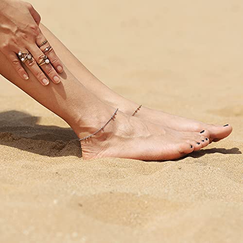 2Pcs 14K Gold Plated Boho Cute Chain Anklets for Women Silver Ankle Bracelet for Women, Charm Foot Jewelry