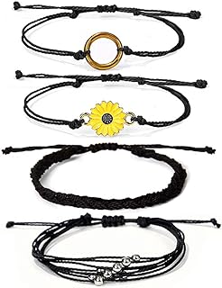Caiyao 4 Pcs Summer Surfer Wave Anklet Bracelets Adjustable Strand Braided String Rope Bracelets Waterproof Handmade Sunflower Bracelets Anklets Jewelry for Women Teen Girls