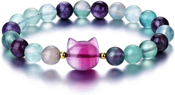 Jovivi Crystal Cat Stretch Bracelet with Hidden Safety Clasp, 8mm Natural Stone Beads, Protection & Healing Jewelry for Men and Women - Perfect Good Luck & Money Attraction Gift