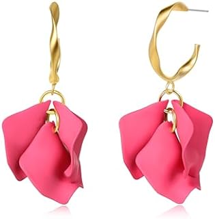 Flower Dangle Matte Gold 925 Sterling Silver Post Hoop Earrings for Women | Petal Hanging Lightweight Hypoallergic Earrings |