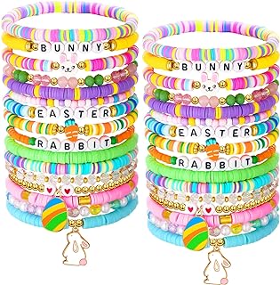 Easter Surfer Heishi Bracelets Stackable Beaded Stretch Bracelets Colorful Viny Polymer Clay Beaded Bracelet Bulk Festive Jewelry Gifts Charm Party Supplies for Women Girls