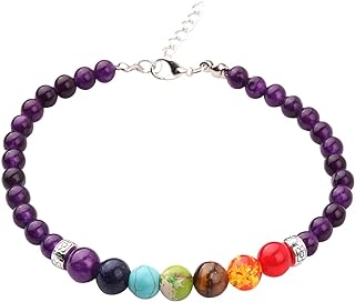 REEBOOOR Boho Amethyst Yoga Anklet with Bead Chain & Lobster Claw Clasp - Stainless Steel Chakra Balance Bracelet for Energy Healing