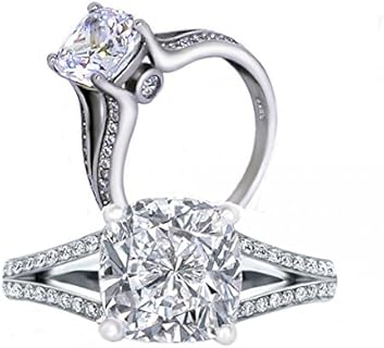 101 Facets 2 Carats Realistic Princess Cushion Cut NSCD Simulated Diamond Solitaire Split Shank Ring 925 Silver Platinum Plated