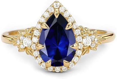 10K/14K/18K Gold 1.5 Carat Pear Cut Gemstone Vintage Halo Engagement Ring for Women Birthstone Leaf Art Deco Wedding Promise Anniversary Rings for Her Wife Bridal Size 4~12