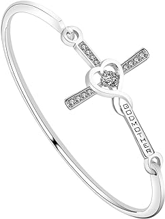 Lobster Claw Clasp Copper Cross Bangle Bracelet with Box Chain for Godmother, Infinity Love Heart Design - Religious Baptism Gift