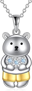 Sterling Silver Bear Pendant Necklace with Lobster Clasp and Cable Chain, Accented with Topaz Gem, Gift for Women and Bear Lovers