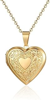 Vintage Engraved Flower Locket Picture Pendant Necklace Antique Carved Pattern Oval Heart Pendant Necklace For Women Girls Hold Picture Souvenir Memorial Jewelry