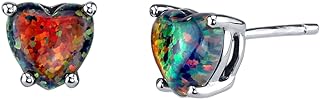Peora 14K White Gold Created Black Fire Opal Heart Stud Earrings for Women, Hypoallergenic Solitaire Studs, 1 Carat total, October Birthstone, Friction Back