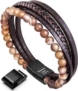 Blue Bead Bracelet with Braided and Bead Chain, Magnetic Clasp for Men in Double-Layer Leather Design