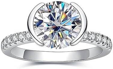 Half Bezel Set Moissanite Engagement Ring for Women in 14K White Gold Plated Sterling Silver - Hypoallergenic, Lab-Created Diamond Promise Ring - Perfect Gift for Her