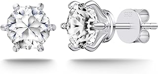 SugarTang Sterling Silver 6prong Moissanite Earrings, 1ct D Color, VVS1 Clarity, Round Cut, Hypoallergenic, Lab-Created Diamond, 18K White Gold Plated for Women