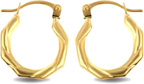 Polished 14K Yellow Gold 0.50" Ribbed Octagon Geometric Hoop Earrings for Women Girls