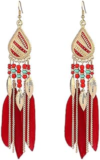 Bohemian Women Feather Earrings Long Tassel Drop Dangle Earrings Set for Woman Girls,Gold Plated Dangling Long Earrings Western Festival Earrings