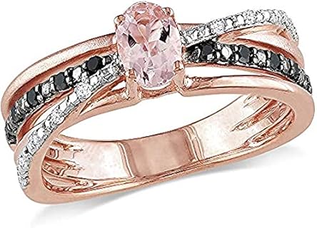 Oval Cut Created Morganite & Black And White Diamond 14K Rose Gold Plated 925 Sterling Silver Engagement Wedding Cross-Over Ring For Womens