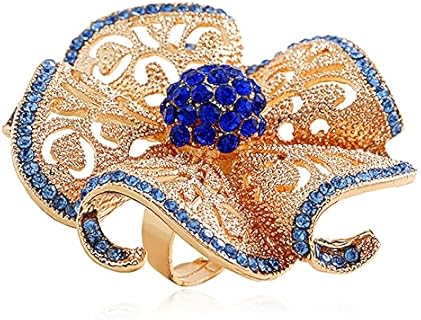 Vintage CZ Camellia Flower Promise Ring for Women Girls Gold Plated Blue Cubic Zirconia Cluster Wave Leaf Statement Band Rings Expandable Adjustable Comfort Fit Elegant Wedding Birthday Party