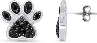 0.25 Carat Black Diamond Accent Paw Print Stud Earrings with Push Back in 14K White Gold Plated Silver for Animal Lovers