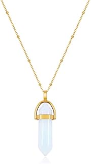 Necklace Hexagonal Crystal Necklaces for Women Gold Necklace for Women Gemstone Stone Pendant Necklace 18k Gold Plated Necklaces Jewelry Gifts for Women(Opal, Rose Quartz, Malachite, Black Onyx, Amethyst, Blue Turquoise)