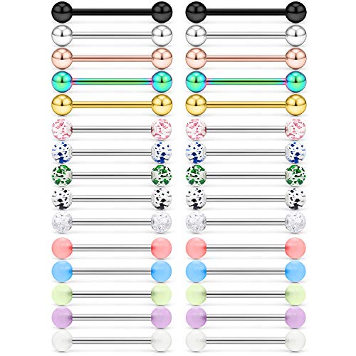 SCERRING 15 Pairs 16G 14G Stainless Steel Tongue Barbell Ring Nippleings Nipple Rings Shinny Acrylic Glow In Dark Balls Body Piercing Jewelry Retainer 14mm 16mm 19mm 22mm