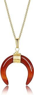 COAI Women's Healing Carnelian Crystal Moon Necklace with Gold-Plated Stainless Steel Box Chain and Lobster-Claw Clasp