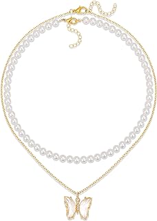 Dainty 18K Gold Pearl Necklace for Women with Butterfly Pendant Minimalist Pearl Layered Choker Necklace Girl Jewelry Gift