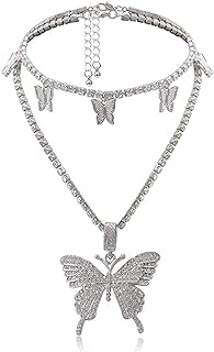 Butterfly Choker Necklace Gorgeous 2 Layered Crystal Pendant Necklaces Sparkly Butterfly Chain Jewelry for Women (Silver)