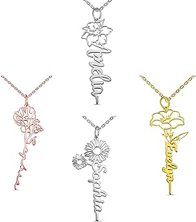 Custom Name Birth Flower Necklace Gift for Her Personalized Birth Flower Jewelry Birthflower Necklace Birthday Gift for Mom Women Girls Birth Month Flower Name Necklace Pendant