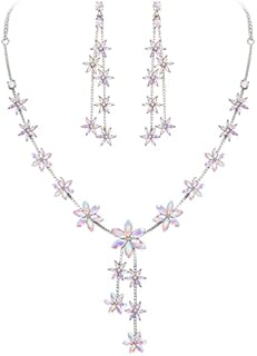 EleQueen Rhinestone Crystal Snowflake Y-Necklace with Lobster Clasp and Dangle Earrings Set for Women, Perfect for Weddings and Christmas Celebrations