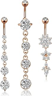 YOVORO 3-6PCS 14G 316L Stainless Steel Belly Button Rings for Women Navel Rings Barbell Dangle Flower CZ Body Piercing