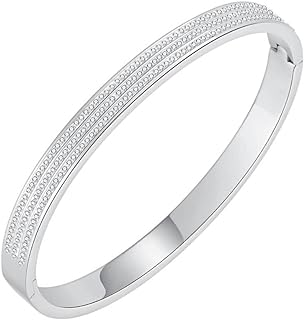 Silver Titanium Stainless Steel engraved with Cubic Zirconia Simulate Diamond Stackable Oval Hinged Bangle Bracelet (SILVER)