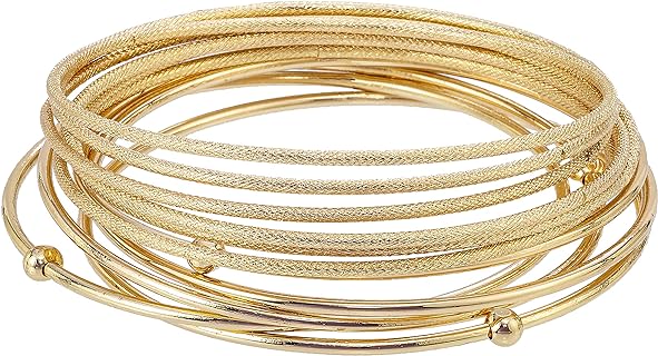 Madison Tyler Classic Collection 11 Piece Stackable Bangle Bracelet Set | Gold Plated - 5 Smooth Bangles with Ball | Plus 6 Textured Bangles