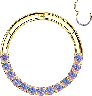 14k Real Gold Septum Rings 16G for Women & Men, 6mm Hinged Segment Earring Hoop, Purple Opal Rings for Nose, Septum, Helix, Rook, Tragus, Daith, Hypoallergenic, Real Gold Body Piercing