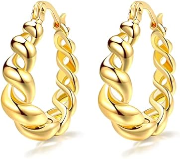 Hinge Clasp 14K Gold Plated Twisted Croissant Hoop Earrings for Women & Girls - Sophisticated Lightweight Design